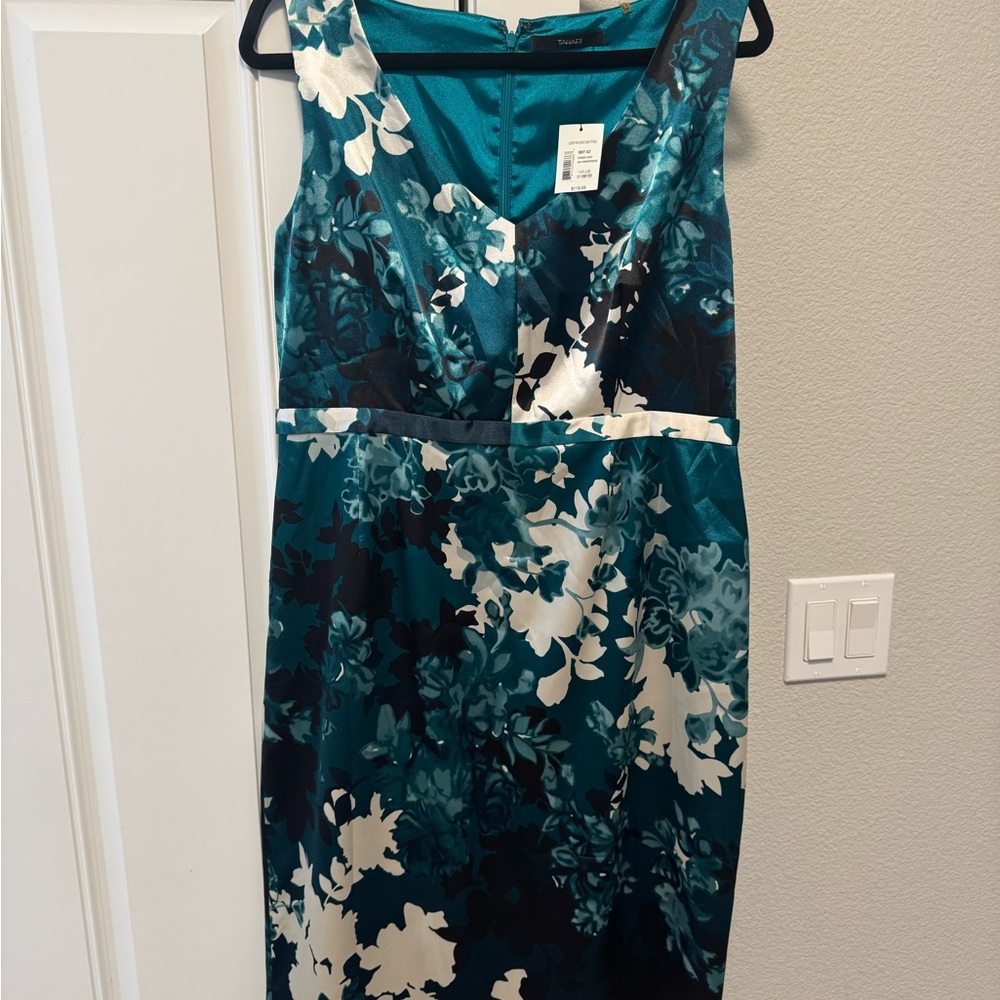 Tahari Teal and White Floral Midi Dress